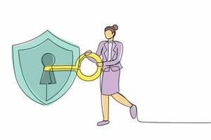 Single continuous line drawing businesswoman put key into shield. Security guard. Encryption, encoding digital currency data, finance security and protection. One line draw design vector illustration