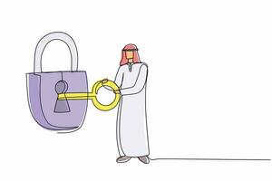 Continuous one line drawing Arab businessman putting big key into padlock. Business security safety protection concept. Safety, private property protection. Single line draw design vector illustration