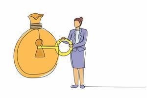 Continuous one line drawing businesswoman put key into money bag. Unlock business success. Safe haven for investment or wealth manager to manage money. Single line design vector graphic illustration