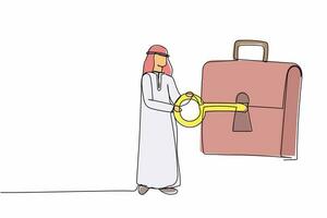 Continuous one line drawing Arabian businessman putting key into briefcase. Safety bag for secret document. Invest portfolio, stock market trading strategy. Single line draw design vector illustration