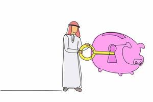 Continuous one line drawing Arab businessman putting big key into piggy bank. Personal saving or money security. Protection for finance and banking system. Single line draw design vector illustration