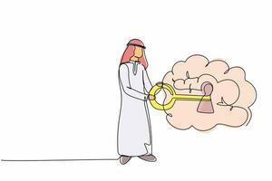 Single one line drawing Arabian businessman putting key into brain. Unlock personality for better healthy. Open mind. Mental health care, psychology. Continuous line design graphic vector illustration