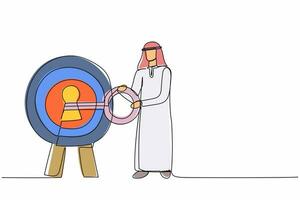 Single continuous line drawing Arab businessman putting big key into bullseye target. Unlock business opportunity. Career or goal achievement. Secret for success. One line design vector illustration