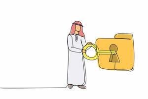 Single continuous line drawing Arab businessman putting big key into folder. Document protection. Folder locked with key. Data security. Secret information. One line graphic design vector illustration