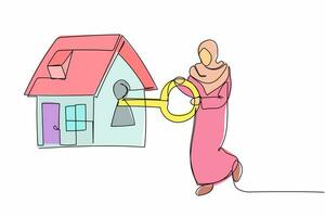 Single continuous line drawing Arabian businesswoman put key into house. Real estate investment for working people. Housing loan, property banking mortgage. One line graphic design vector illustration