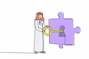 Single continuous line drawing Arab businessman putting big key into puzzle piece. Teamwork solving complicated tasks. Partnership and cooperation concept. One line graphic design vector illustration