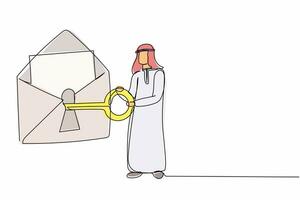 Single one line drawing Arab businessman putting big key into mail. Digital message protection or email security system. Online personal information. Continuous line design graphic vector illustration