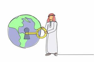 Continuous one line drawing Arabian businessman putting big key into globe. Global warming alert for people around the world. Security and data safety. Single line graphic design vector illustration