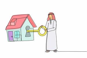 Single one line drawing Arab businessman putting big key into house. Arabian investor investing money in real estate. House loan, property mortgage. Continuous line design graphic vector illustration