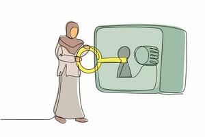 Single continuous line drawing Arabian businesswoman put key into safety deposit box. Secure money and securities. Financial banking security system. One line draw graphic design vector illustration