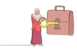 Continuous one line drawing Arabian businesswoman putting key into briefcase. Safety bag for secret document. Invest portfolio, securities, stock market. Single line draw design vector illustration