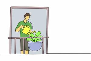 Single one line drawing man watering flowers on the balcony. Young guy doing gardening favorite hobby. Home garden, house plants growing. Modern continuous line draw design graphic vector illustration