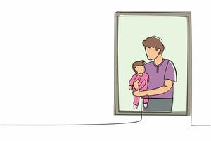 Continuous one line drawing man holding newborn baby near window. Child lies on in dad's arms. Man taking care of child. Dad on maternity leave with baby. Single line draw design vector illustration