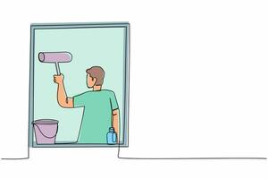 Single continuous line drawing man cleaning windows with glass cleaner tools. Washing windows with bucket, detergent, wet rag. Housework. Domestic work. One line graphic design vector illustration