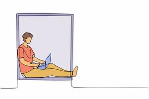 Single continuous line drawing man freelancer sitting on windowsill, working using laptop. Remote work from home. Online education, studying student. One line draw graphic design vector illustration