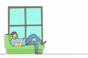 Single one line drawing young man lying on windowsill at home. Male resting in room near window. Spending time at home, relaxing after work, reading. Continuous line graphic design vector illustration