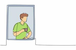 Single one line drawing man enjoy hot coffee or tea in window house. Male holding mug and looking through window while sitting on windowsill at home. Continuous line design graphic vector illustration