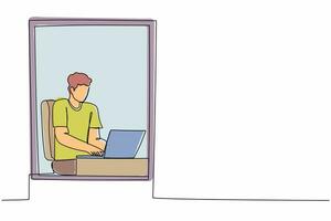 Single continuous line drawing man working from home near window. Businessman sitting at desk and using laptop. Project management. Remote work or home office. One line draw design vector illustration