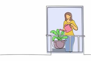 Continuous one line drawing active woman watering flowers on the balcony. Young lady doing gardening favorite hobby. Home garden, house plants growing. Single line design vector graphic illustration