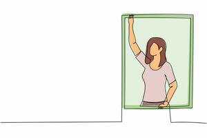 dibujo de una línea continua mujer joven de pie cerca de la ventana con la mano ondeando. soledad, tristeza, cuarentena. problemas de salud mental debido a la pandemia. ilustración gráfica de vector de diseño de línea única