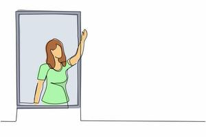 Single one line drawing young female waving at window as look like to greet or invite people to come in. Woman looking outside from windowsill. Continuous line draw design graphic vector illustration