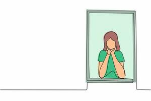 Continuous one line drawing sad woman sitting near the window with support the chin. Pandemic impact in business, economic recession, market crash. Single line draw design vector graphic illustration