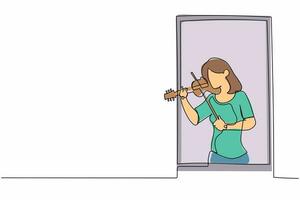 Continuous one line drawing female musician standing near window and playing violin. Young woman staying at home in self quarantine due to pandemic. Single line draw design vector graphic illustration