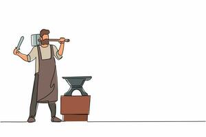 Single one line drawing bearded male blacksmith standing wearing apron carrying sledgehammer and holding completed forged small sword. Modern continuous line draw design graphic vector illustration