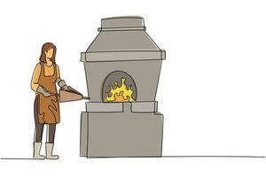 dibujo de una sola línea continua herrero femenino de pie con delantal, bombeando fuelles de forja. trabajador metalúrgico en el trabajo horno horno fuego carbón taller. ilustración de vector de diseño gráfico de dibujo de una línea