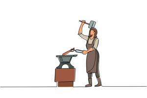 Single continuous line drawing active female blacksmith in apron forging blade on anvil. Woman metal worker with hammer and anvil create small sword. One line draw graphic design vector illustration