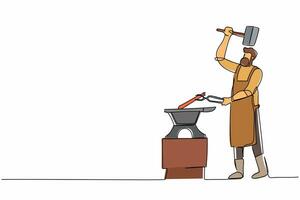 Continuous one line drawing bearded blacksmith in apron forging blade on the anvil. Smith working with hammer and anvil. Historical, fairytale craftsman. Single line design vector graphic illustration