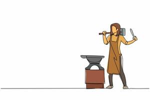 Single one line drawing female blacksmith standing in front of anvil wearing apron carrying sledgehammer and holding completed forged small sword. Continuous line design graphic vector illustration