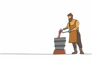 Continuous one line drawing bearded blacksmith master putting hot metal material from furnace in cold water. Steel craft anvil worker. Craftsman in apron. Single line draw design vector illustration