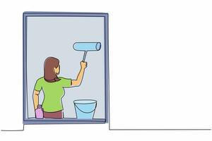 Single continuous line drawing young woman cleaning windows with glass cleaner tools. Washing windows with bucket, detergent, wet rag. Daily housework. One line draw graphic design vector illustration