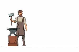 Single continuous line drawing bearded blacksmith wearing apron standing and holding hammer in front of the anvil. Craftsman working with iron at workshop. One line graphic design vector illustration