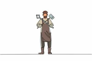 Single one line drawing bearded blacksmith standing wearing apron holding hammer and tongs crossed. Metal worker at work furnace oven workshop. Continuous line draw design graphic vector illustration