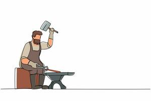 Continuous one line drawing bearded blacksmith sitting wearing apron hitting iron piece forged with sledgehammer. Worker producing steel craft art. Single line draw design vector graphic illustration