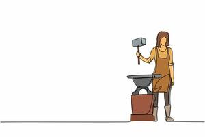 Continuous one line drawing female blacksmith wearing apron standing and holding hammer in front of the anvil. Metal worker making craft art production. Single line design vector graphic illustration