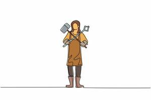 Single continuous line drawing cute female blacksmith standing wearing apron holding hammer and tongs crossed. Craftswoman work at metalwork workshop. One line draw graphic design vector illustration