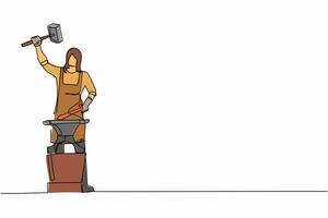 Single one line drawing female blacksmith wearing apron forges small sword on the anvil. Craftswoman standing working with hot iron at workshop. Continuous line draw design graphic vector illustration