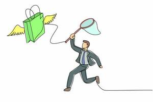 Continuous one line drawing businessman try to catching flying shopping bag with butterfly net. Commercial retail fashion and makeup shopping concept. Single line design vector graphic illustration