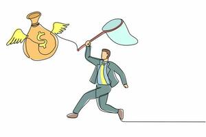 Single one line drawing businessman try to catching flying money bag with butterfly net. Achieving goals, profits, money. Striving for success. Continuous line draw design vector graphic illustration