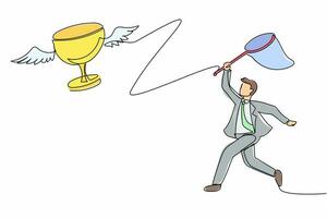 Continuous one line drawing businessman try to catching flying trophy with butterfly net. Sport game icon, logo, badge. Victory trophies and awards. Single line draw design vector graphic illustration