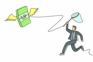 Continuous one line drawing businessman try to catching flying money stacks with butterfly net. Budget spending, bill expenses. Business financial. Single line draw design vector graphic illustration