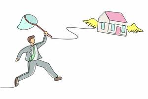 Single one line drawing businessman try to catching flying house with butterfly net. Price increases of housing loan or real estate investment. Continuous line draw design graphic vector illustration