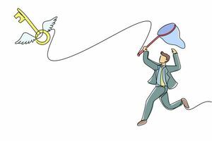 Single continuous line drawing businessman try to catching flying key with butterfly net. Find key to solve problems, opportunity, business solution. One line draw graphic design vector illustration