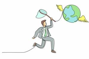 Single continuous line drawing businessman try to catching flying globe with butterfly net. Business trip and travel. Globalization international partnership. One line draw design vector illustration