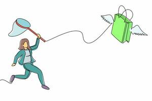 Continuous one line drawing businesswoman try to catching flying shopping bag with butterfly net. Economic crisis made price of goods higher. Hard to shop. Single line draw design vector illustration