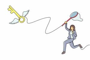 Single continuous line drawing businesswoman try to catching flying key with butterfly net. Losing key of success business project. Bankrupt company. One line draw graphic design vector illustration