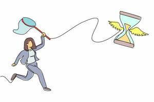 Single one line drawing businesswoman try to catching flying hourglass with butterfly net. Work completion deadline concept. Measure project speed. Continuous line design graphic vector illustration